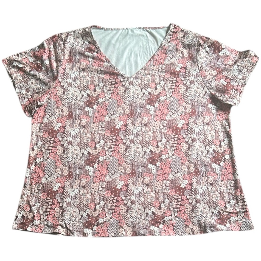 Women Floral Pink & Brown Floral Print Scoop V-Neck Short Sleeve V-neck Top 4XL - Picture 4 of 9